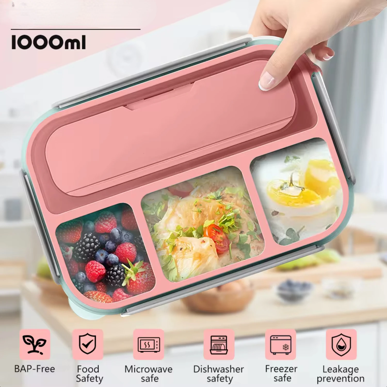 1Layers Portable Student Lunch Box Can  Heated In The Microwave Leakproof Thicker PP Plastic 4 Split Lunch Box with Fork Spoon