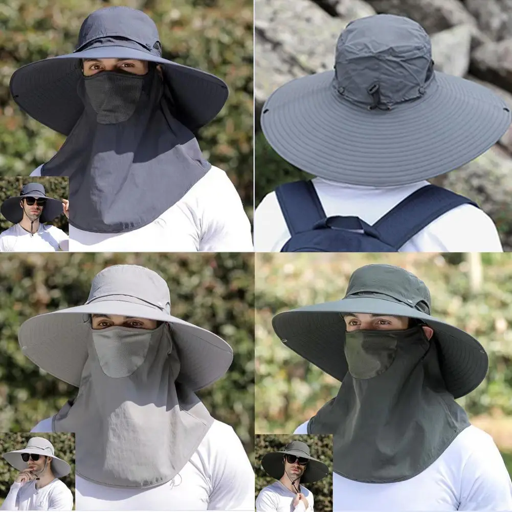 Men Fishing Sunshade Hat UV Sun Protection Cap With Breathable Face Mask Wide Brim Outdoor Work Climbing Hiking Caps