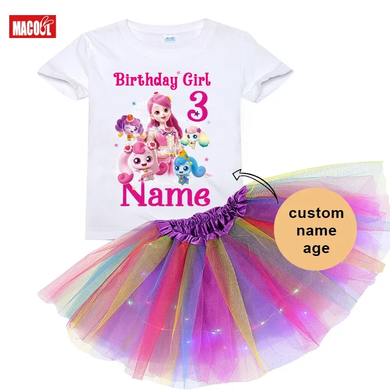 Girls Birthday Tutu Set Catch Teenieping Dress 5 Years Birthday Party Tshirt Custom Name Kids Suit Baby Girl Outfit Light Skirts