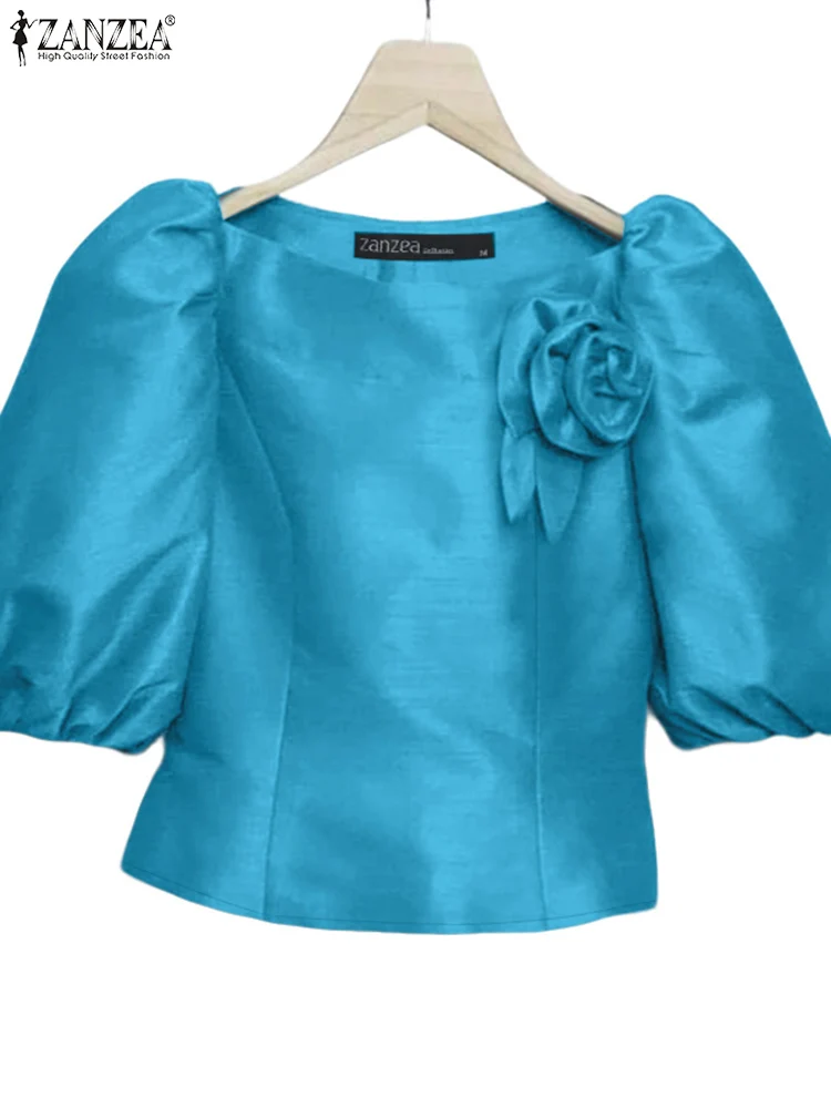 ZANZEA بلوزات نسائية أنيقة على شكل زهرة من القماش أنيقة برقبة قارب نصف كم منتفخة من الساتان Blusas Mujer 2025 قطع علوية متينة للتنقل في الخريف