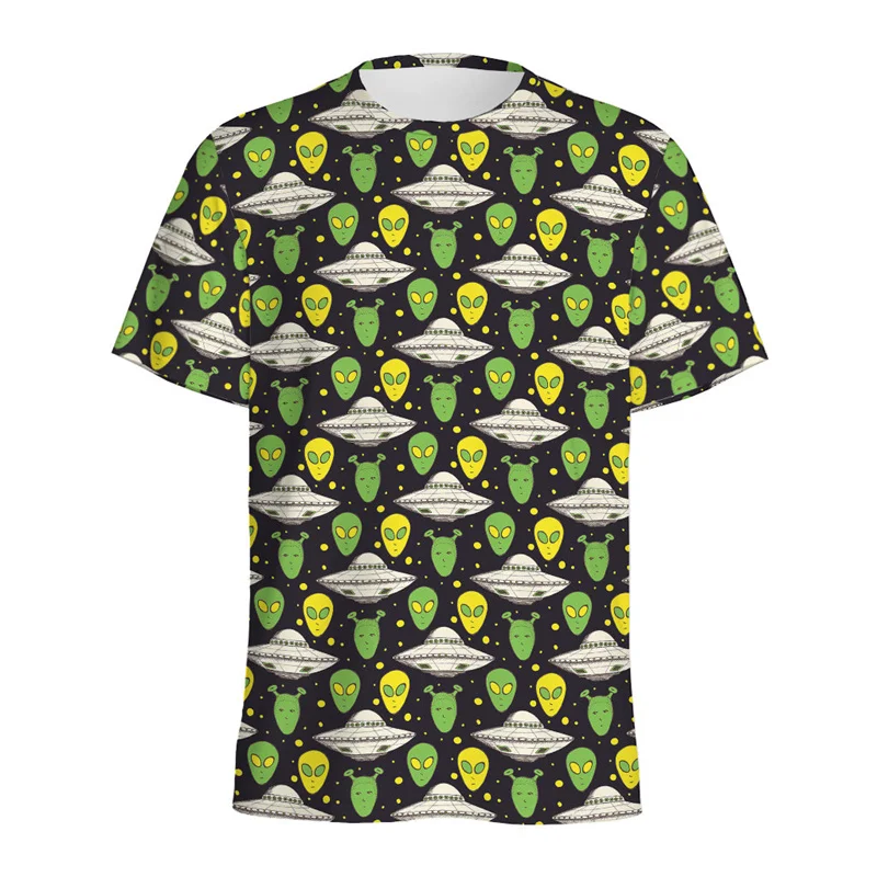 Cartoon UFO Alien Pattern T Shirt Men Kids Fashion 3D Printed T-shirt Tops Women Loose Short Sleeves Summer O\'Neck Tee Shirts