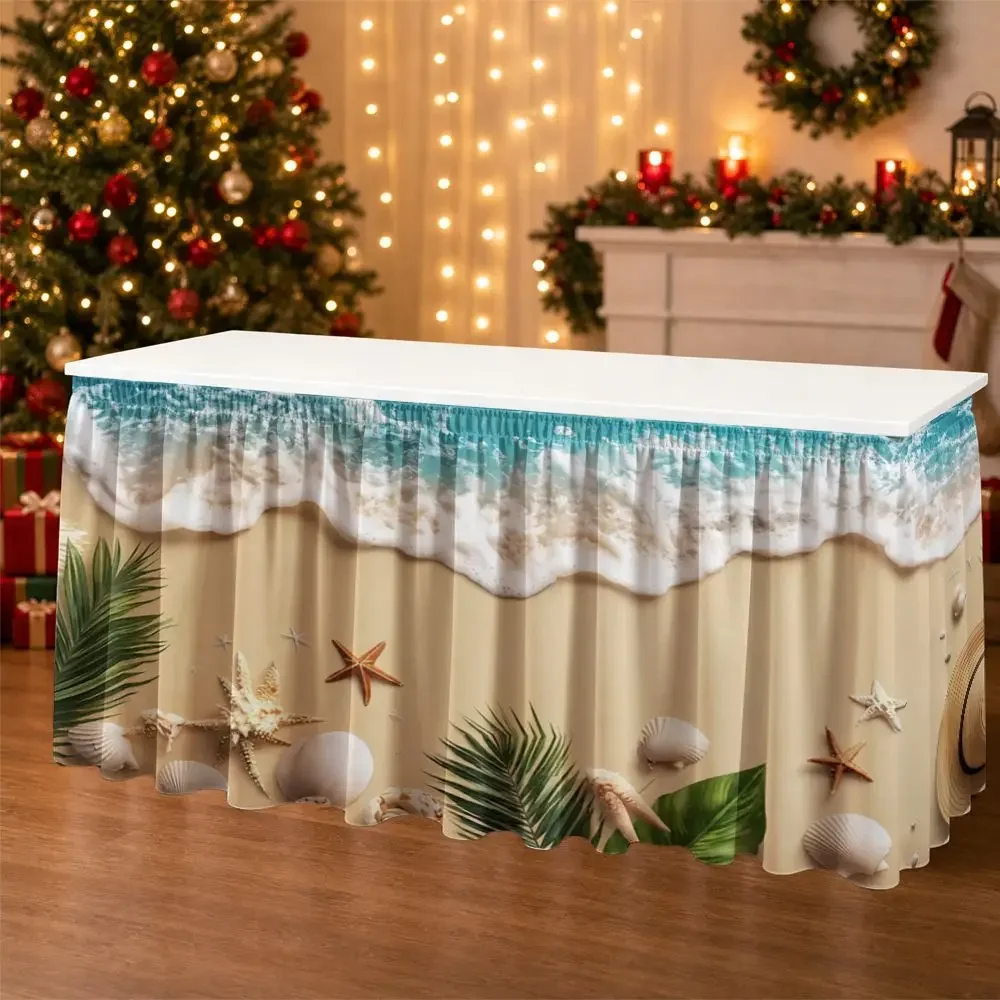 One party table dress - seashell, starfish, palm leaf, beach scene, ruffled edge table skirt