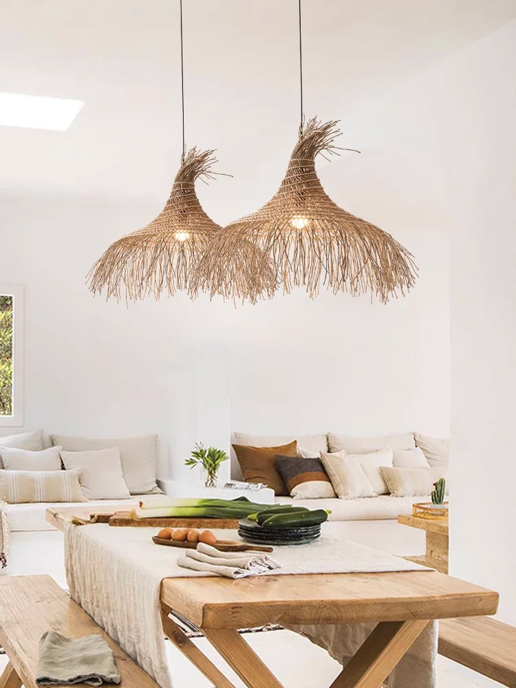 和風籐ペンダントランプ,レトロ,手作り,麦わら帽子,居間,茶室,家庭,レストラン用