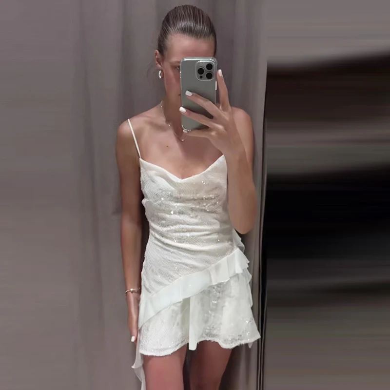 Hxao vestidos femininos em camadas lantejoulas deslizamento vestido verão 2025 sexy mini vestidos de noite brancos elegantes sem mangas sem costas