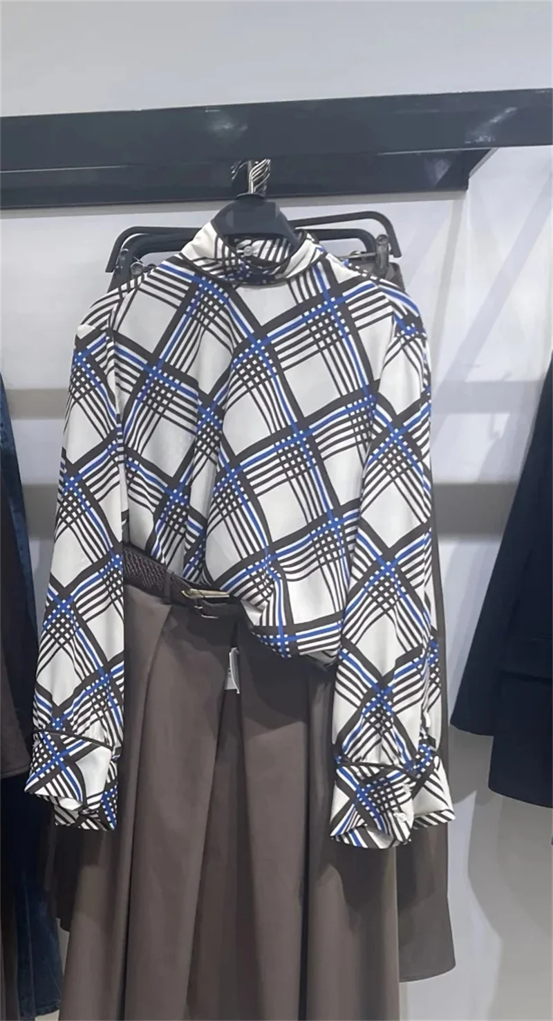 Женская рубашка, осень 2021, новый стиль, клетчатая рубашка с длинными рукавами и полувысоким воротником, свободный пуловер, рубашка, повседневная, универсальная, модная