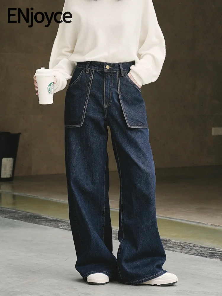 

2024 Winter Women Vintage Large Pockets Long Jeans High Waist Wide Leg Trousers Korean Fashion Loose Mopping Denim Pants