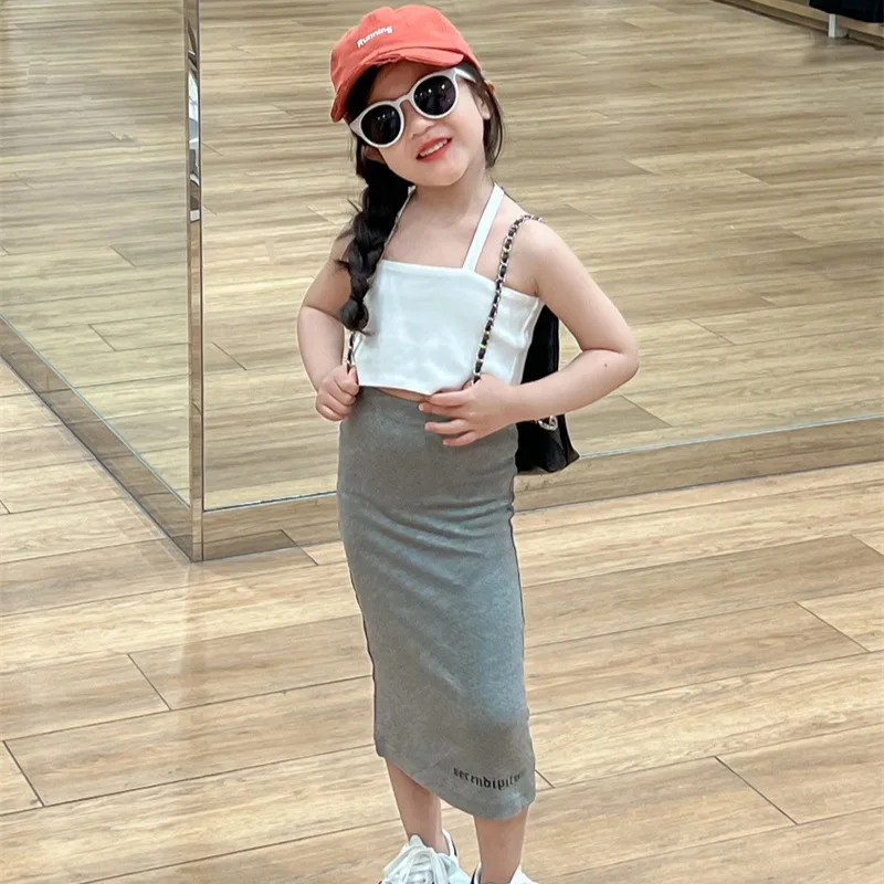 Skirt Summer Korean Childrens Clothing New Girls Sweet Cool Backless Sling Vest Grey Long Simple Fashion 2024 Solid