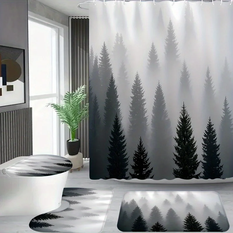 

4 шт. темно-зеленый туманный лес узор, ванная комната в квартире, занавеска для душа, комплект штор для отеля, с 12 крючками, коврик для ванной комнаты