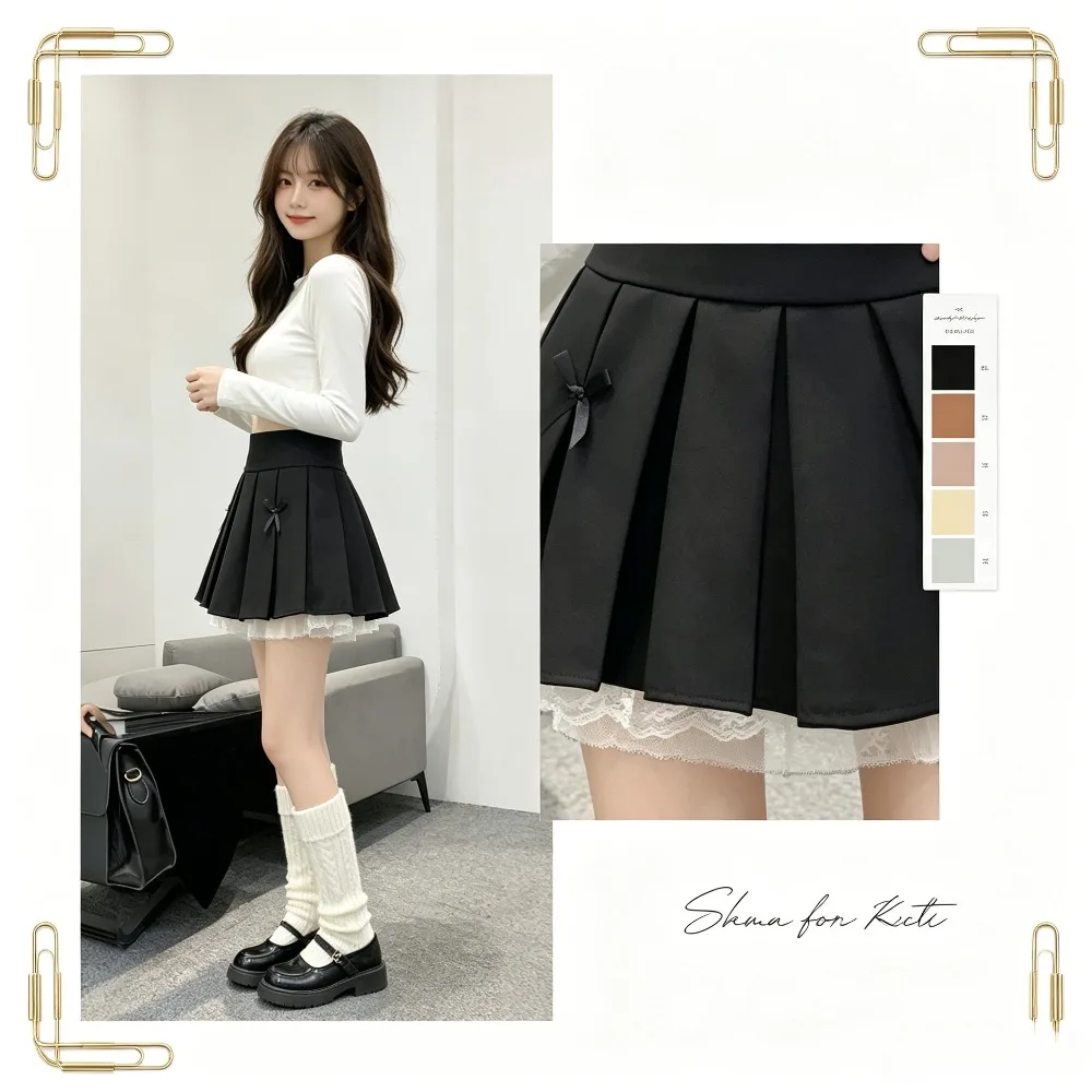Women's College Style Bow Lace Pleated School Uniform Skirt,High‑Waist Spliced Anti‑Exposure Skirt for Student Campus Daily Wear