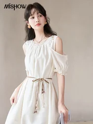 MISHOW Embroidery Sunflower Dress Summer 2023 French A-LINE Off Shoulder Sleeve Waist Strap O-Neck Knee-Length Dress MXC39L1526