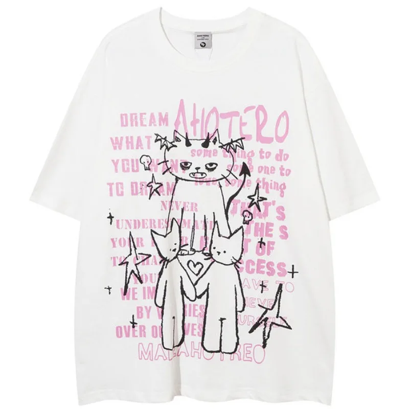 Kawaii Graffiti Cat Letter Print Sweet O Neck Japanese Tshirts Short Sleeve Women Couples Tees Loose Vintage Y2k Preppy Style