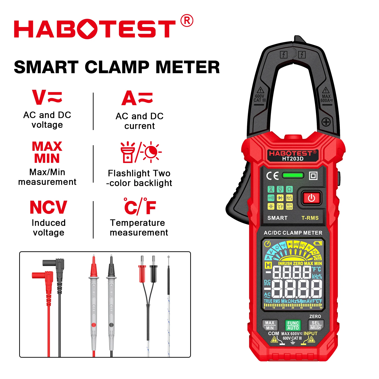 HABOTEST 디지털 클램프 계량기 멀티미터, AC 전류 및 600A AC/DC 전압 테스터, 앰프 연속성 Hz 테스터 전압기, HT203D