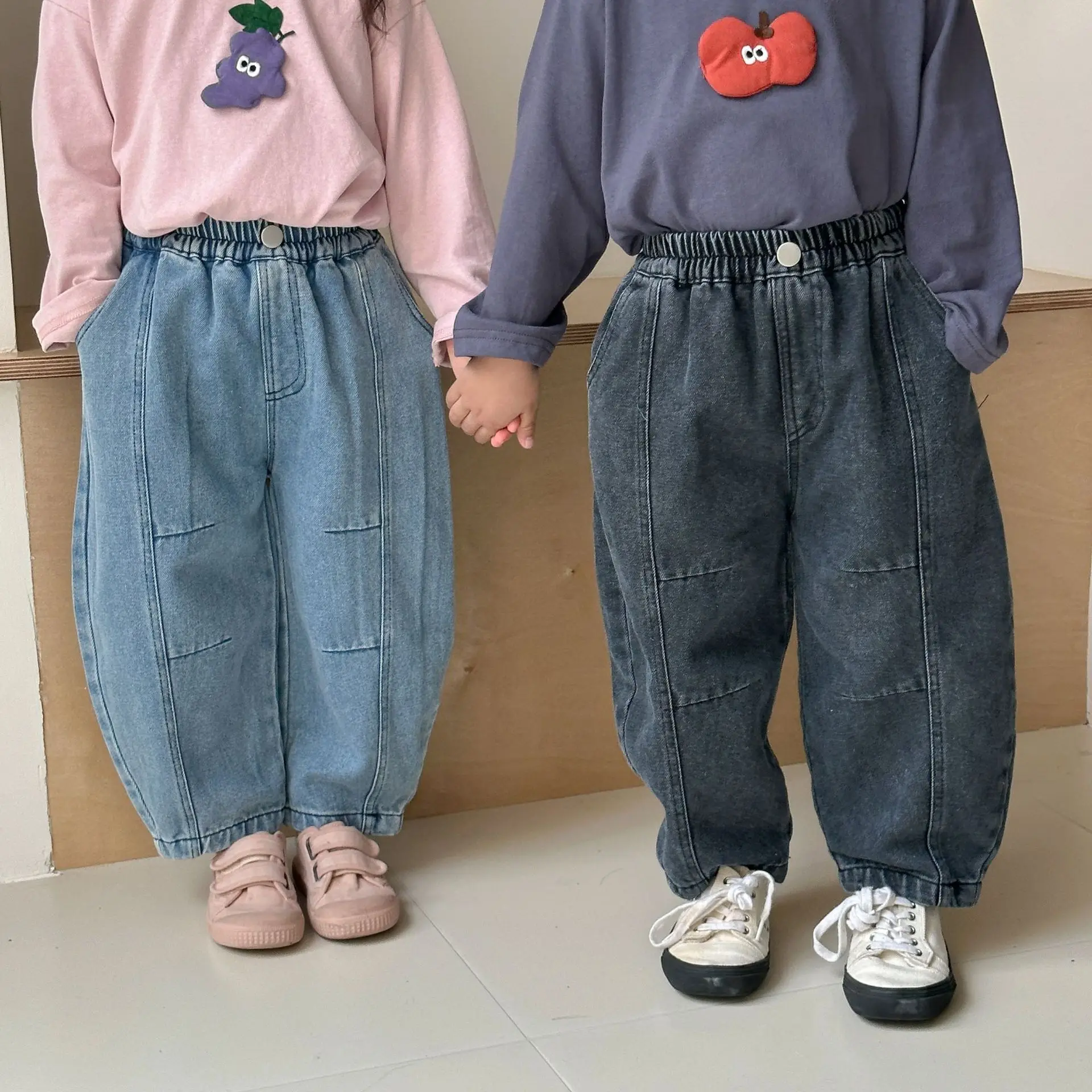 

2025 Spring New Children Soft Denim Trousers Boys Loose Casual Pants Solid Girls Harem Pants Kids Casual Versatile Jeans