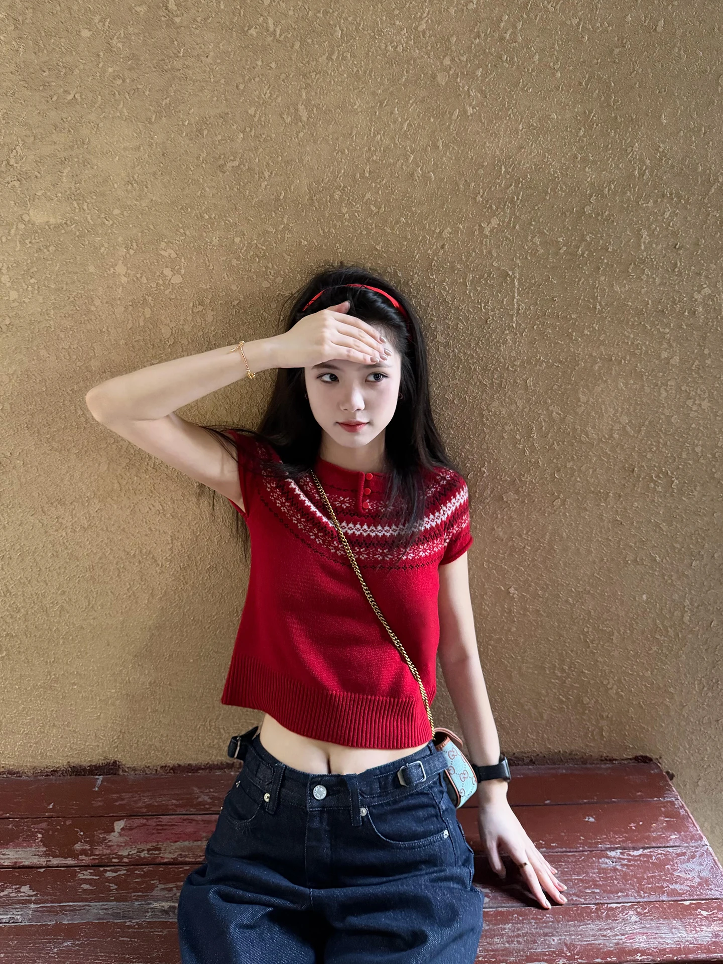 

FEMPILOT Vintage Fair Isle Knit round Ne ort Sve Casual All-Match Pullover Sweater Spring Season Women's Faion