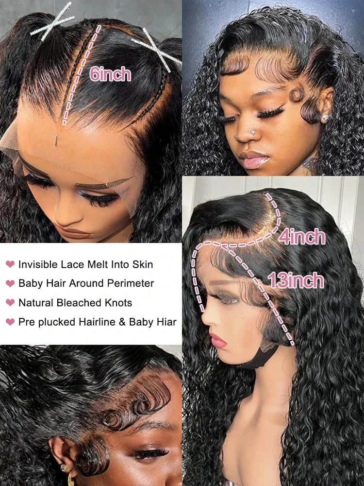 密度300%のディープウェーブ、13x6 HDレースフロントウィッグ、ブラジル産40～46インチ、ウォーターカール、13x4、360レースフロント人毛ウィッグ（女性用）