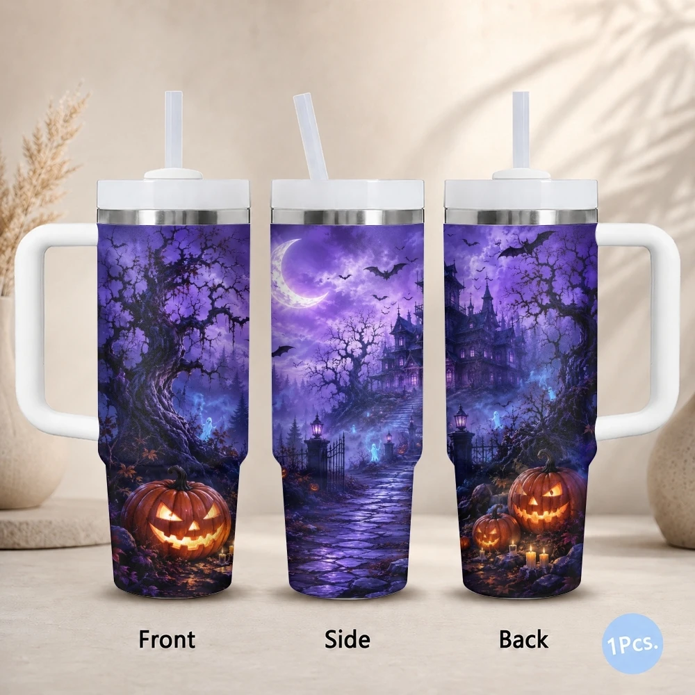 Haunted Pumpkin Manor Vacuum Flasks 40oz Stainless Steel Insulated Tumbler with Handle & Straw Leakproof Car Mug