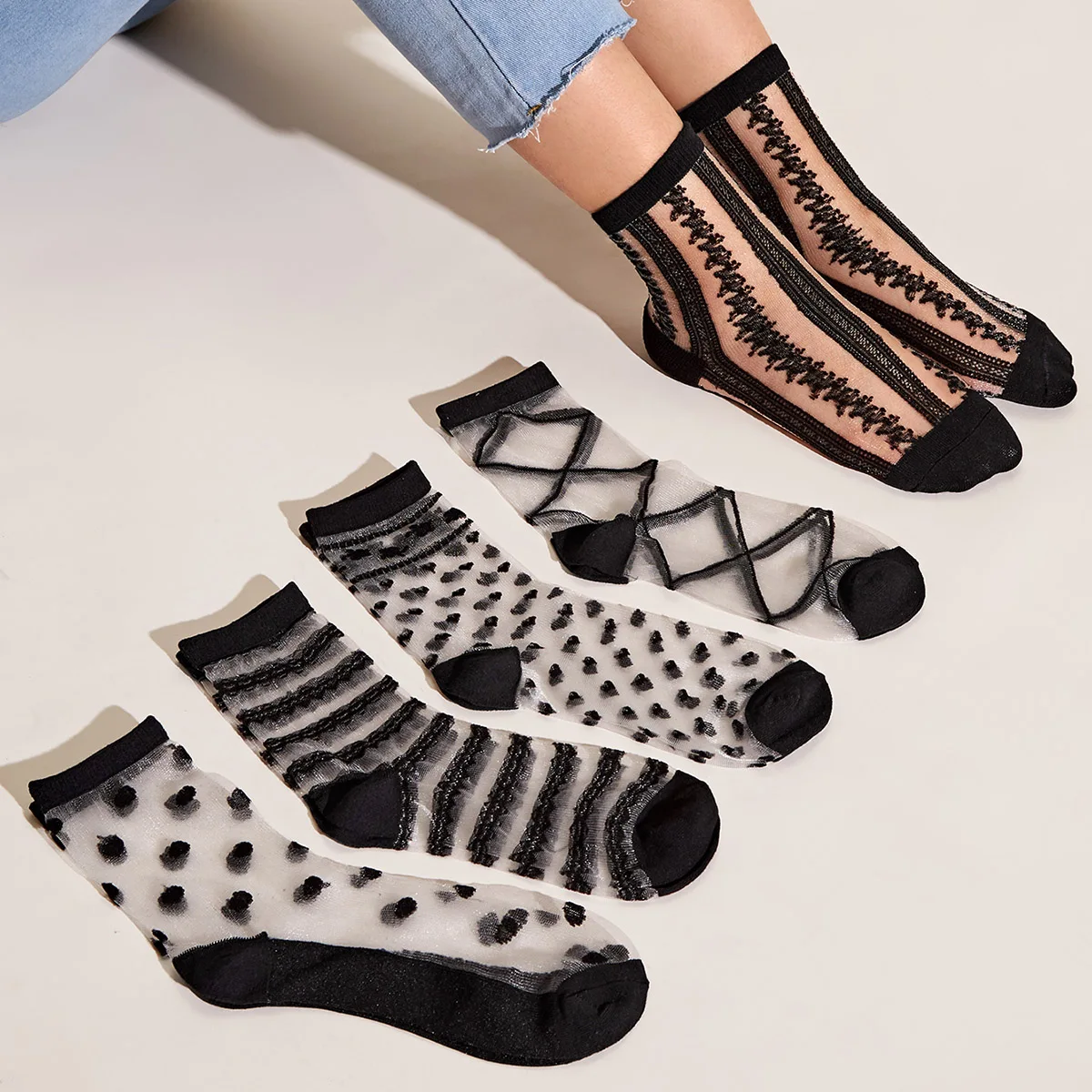 5 Pairs Women's Lace Socks Summer Fashion Sexy Transparent Thin Socks Women Non-slip Ultra-thin Socks Female Ankle Sock