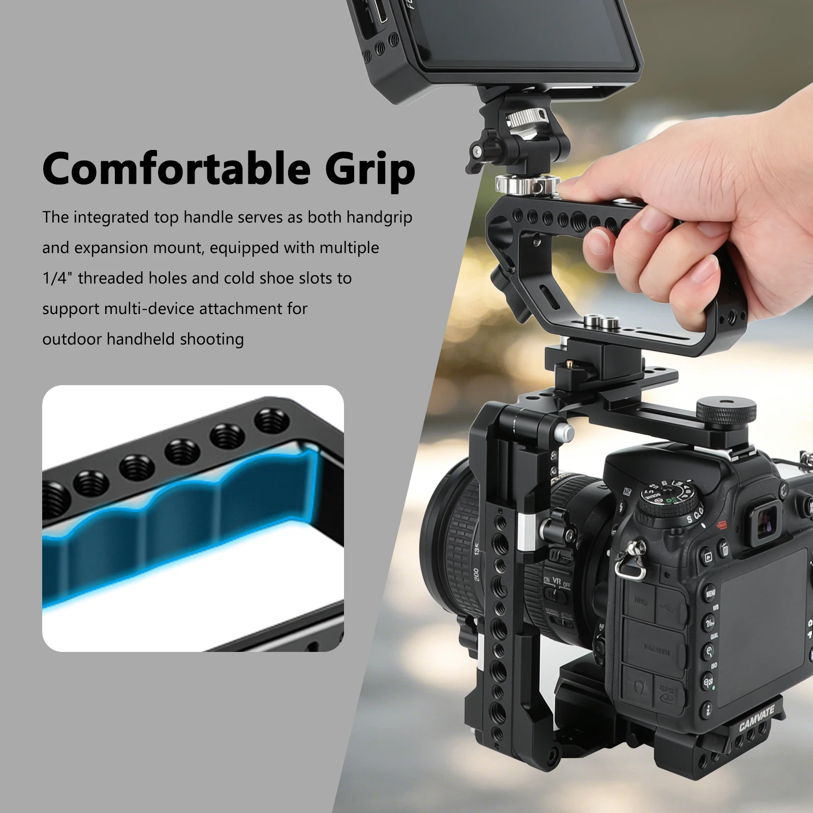 CAMVATE D-Style Top-Griff mit NATO-Klemme und 1/4"-20 3/8"-16 Positionierlöchern, Cold Shoe für SONY Fuji Nikon DSLR Kamera-Cage – Detail 3