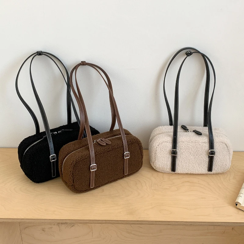 

Корейская ретро плюшевая женская сумка на плечо, новая стильная лоскутная плюшевая сумка для боулинга, высококачественная универсальная модная сумка для подмышек