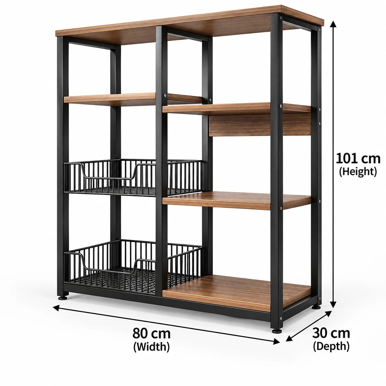 3 Tier Kitchen Storage Rack with 2 Wire Baskets, Metal Frame Wood Shelf Microwave Stand Kitchen Organizer 80x30x101cm