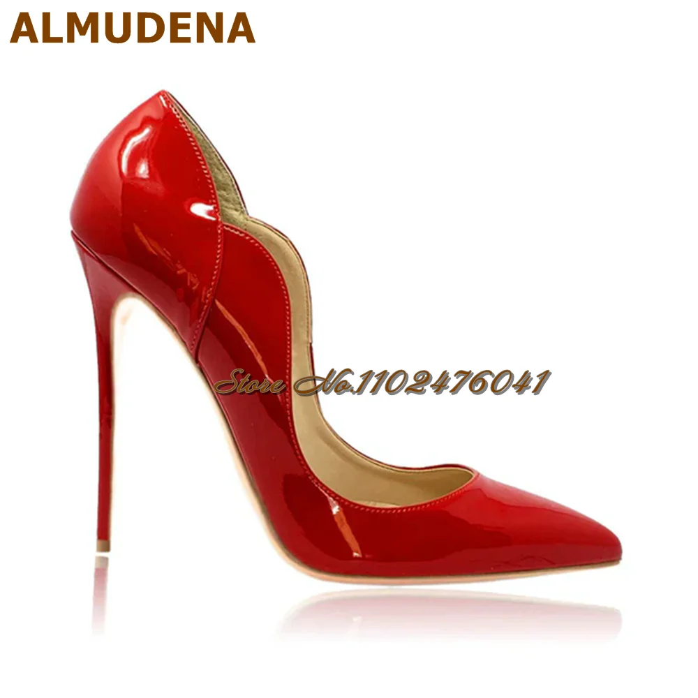 

ALMUDENA Red Nude Black Patent Leather Wave Shaped Cut Pumps 12Cm 10Cm 8Cm Stiletto Heel Shallow Slip-On Pointed Toe Dress Shoes