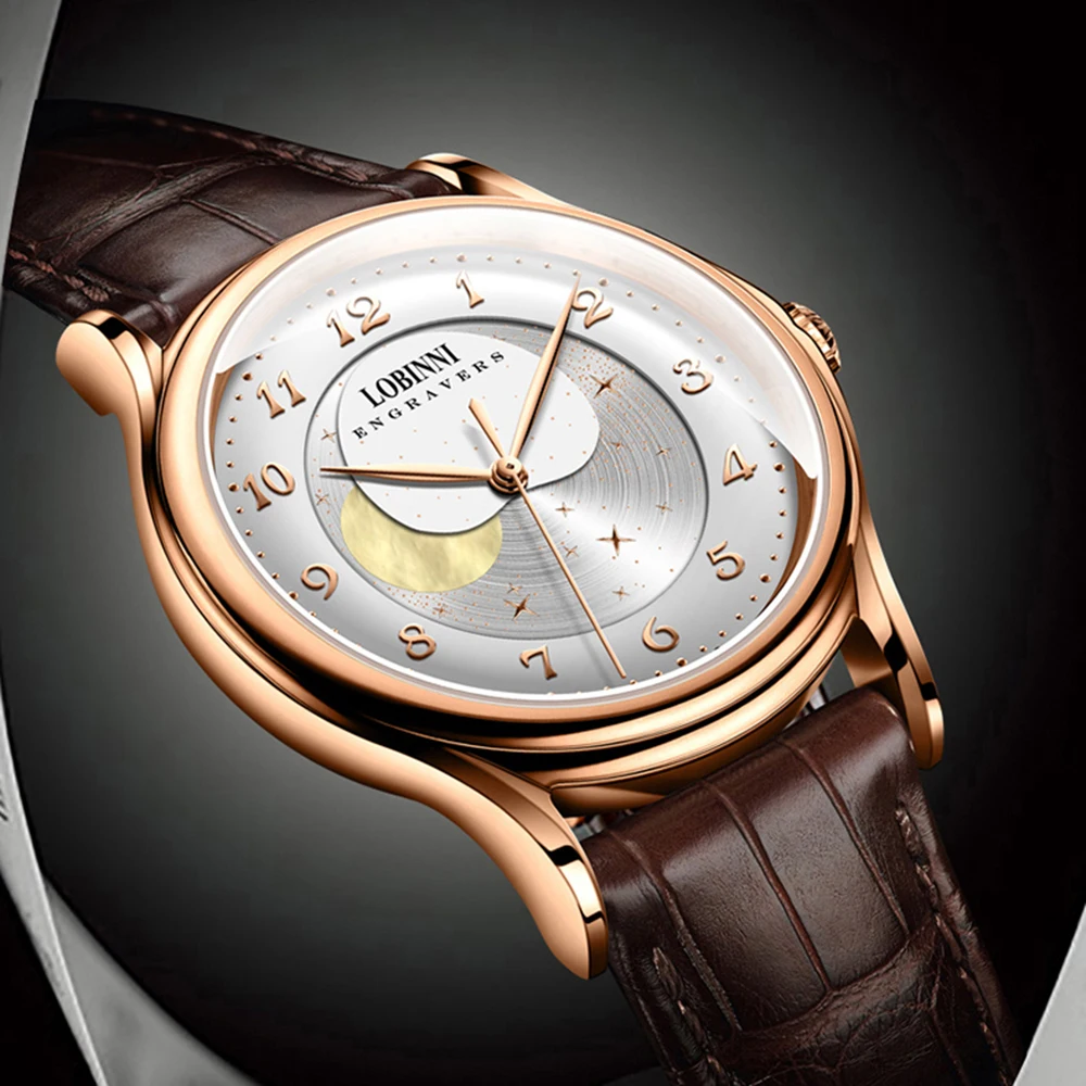 Lobinni 男性自動腕時計メンズムーンフェイズ 42 ミリメートル機械式腕時計 5BAR 防水サファイアスターダイヤル