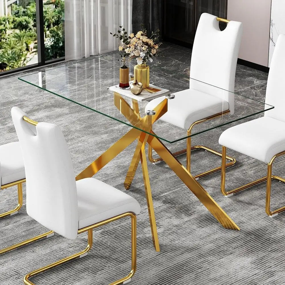 

Gold Metal Leg Tempered Glass Dining Table, Elegant for Kitchen or Dining Room