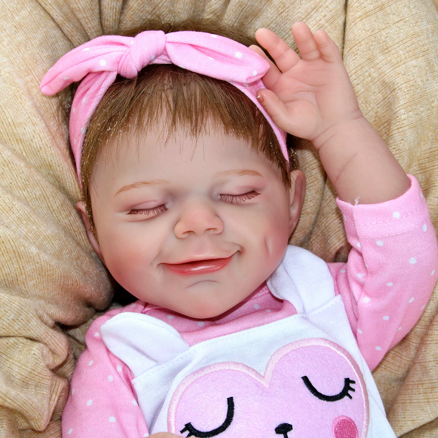 

18-дюймовая кукла реборн, виниловый материал, розовая мультяшная одежда, пересадка волос ручной работы, праздничный подарок и функции лица