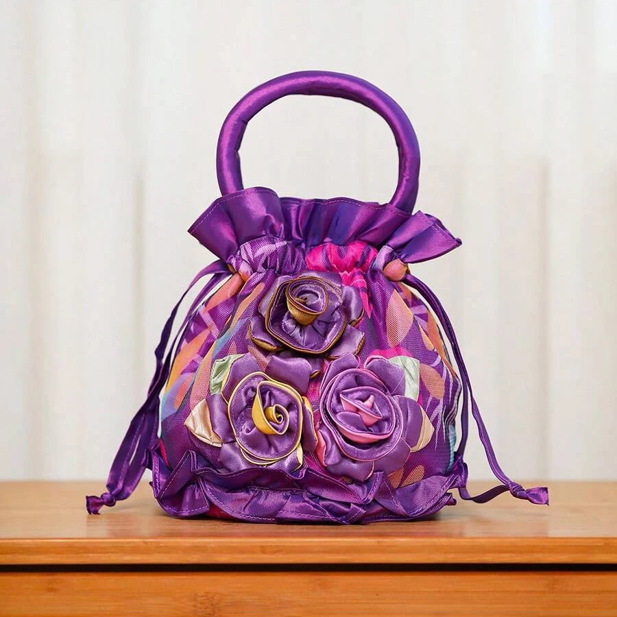 

Dress fairy handbag, French chiffon flower, high-end banquet hand-held bag, silk satin dinner bag for women