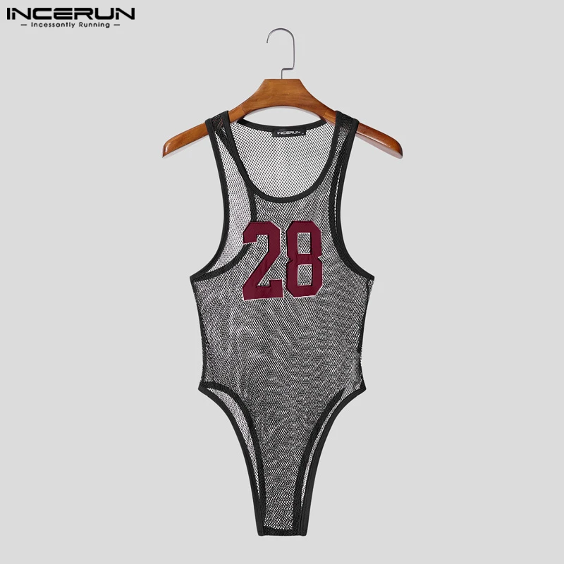

INCERUN Men Bodysuits Patchwork Mesh See Through O-neck Sleeveless Male Rompers Playsuits Sexy 2025 Fashion Bodysuit Men S-3XL