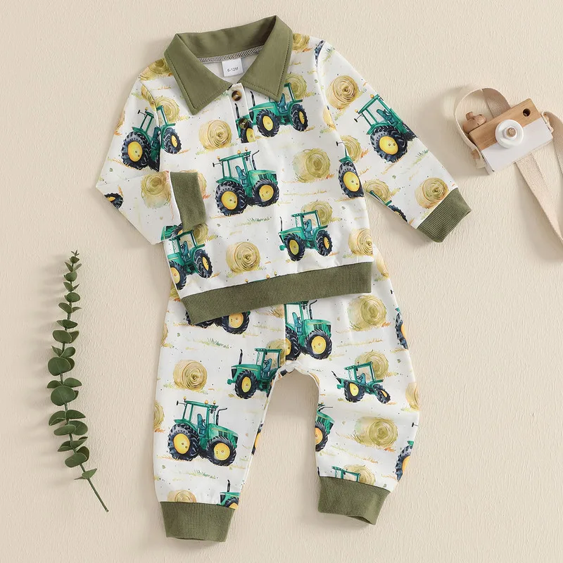 

0 to 3 Years Toddler Boys Pants Sets Spring Autumn Clothes Tractor Print Long Sleeve Lapel Neck Sweatshirt Pants Outfits