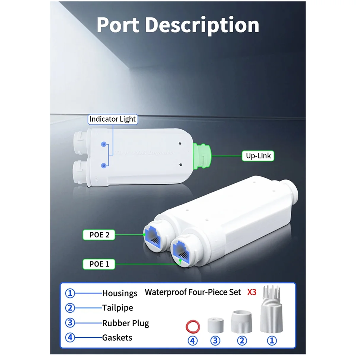 Repetidor POE impermeable de 2 puertos, extensor IP66 de 10/100Mbps de 1 a 2 PoE con IEEE802.3Af/At 48V para exteriores, para cámara de interruptor POE