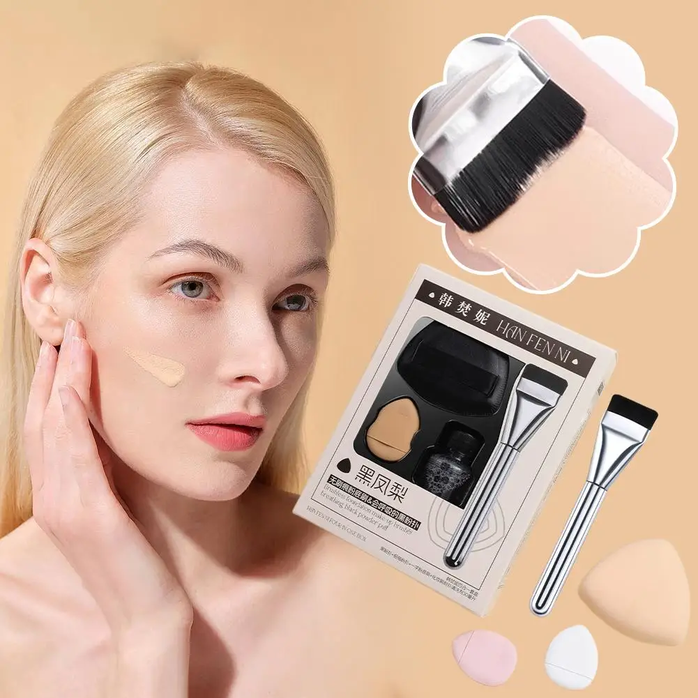 Esponja de maquillaje triangular negra con limpiador, base de cabeza plana, cepillo limpiador de aire, herramienta para dedo, esponja correctora, Mini cojín O5S4