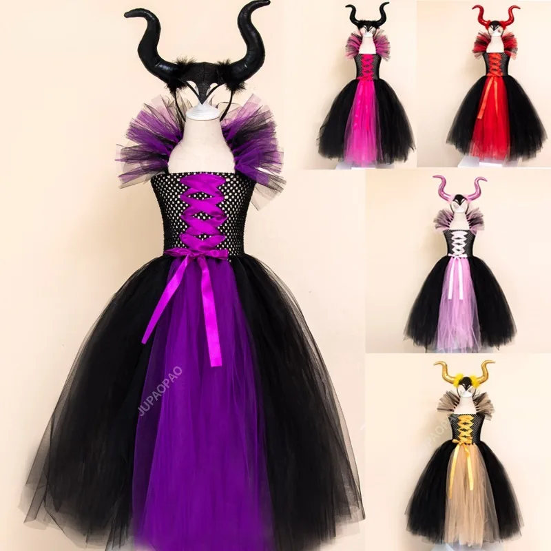 New High Quality Costume Deluxe Girls Halloween Carnival Party Black Trailing Mesh Dress Kids Cosplay Demon Queen Witch Clothes