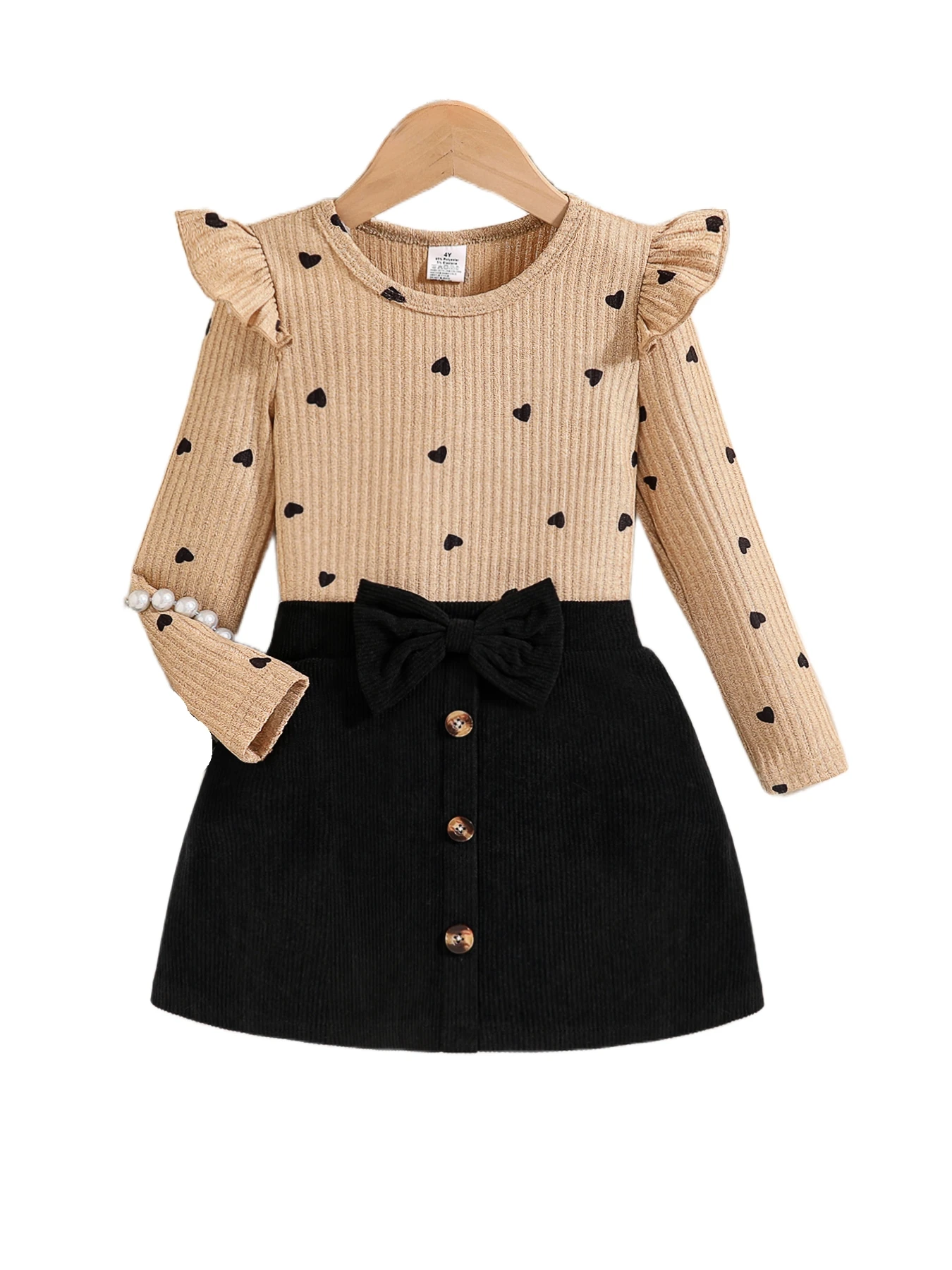 مجموعة مكونة من قطعتين للفتيات في الربيع والخريف: مجموعة تنورة عصرية وأنيقة للفتيات الصغيرات، تتميز بلوزة مضلعة من الدانتيل مع أكمام طويلة وطبعة منقطة على شكل قلب + تنورة سوداء مع زخرفة بأزرار على شكل عقدة على شكل فيونكة للفتيات، مناسبة للخريف ملابس ربيعية مريحة وبسيطة ومتعددة الاستخدامات وناعمة وغير رسمية للأطفال #6