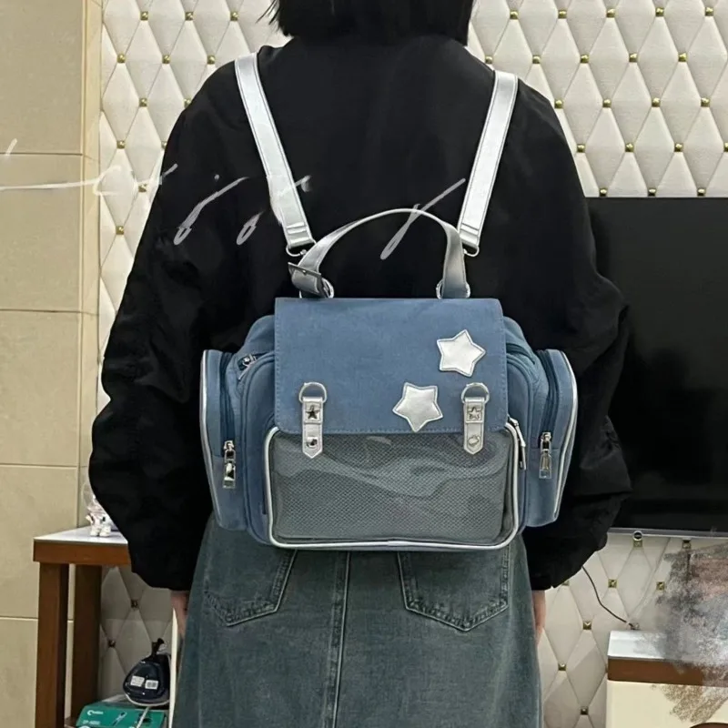 Pain Bag for College Student Teen Girl School Japanese Style Kawaii Denim Blue Star Itabag Y2K Cute Backpack