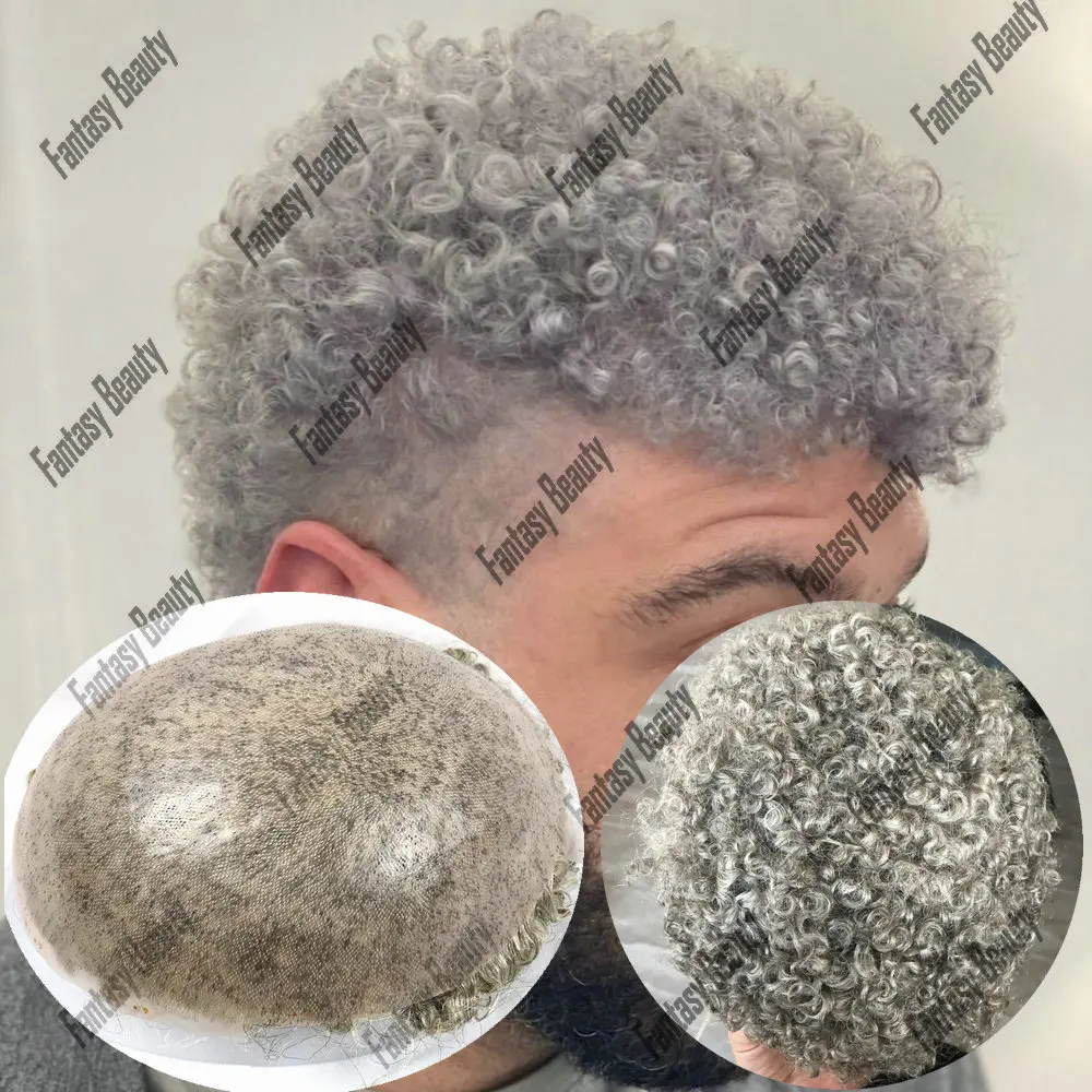 Tupé Afro para hombres, pelucas de cabello humano con línea de pelo Natural, rizo en V, sistema de reemplazo de Base de piel súper delgada duradera, gris y negro, 15MM, 1B80