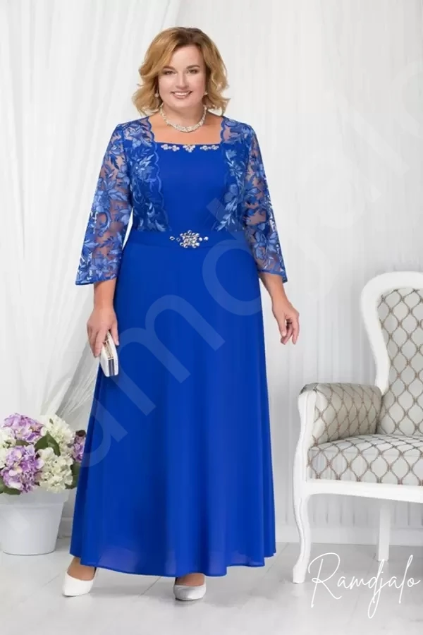 Blue Plus Size Beaded Lace Mother Of The Bride Dresses Square Neck Long Sleeves Wedding Guest Dress A Line Chiffon Evening Gowns