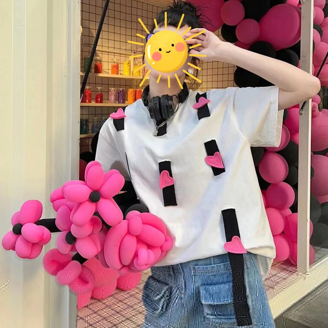 

Новый летний белый дизайн, чесаный топ из чистого хлопка с сердечками в стиле пэчворк, женская повседневная круглая футболка Ne ort Sve