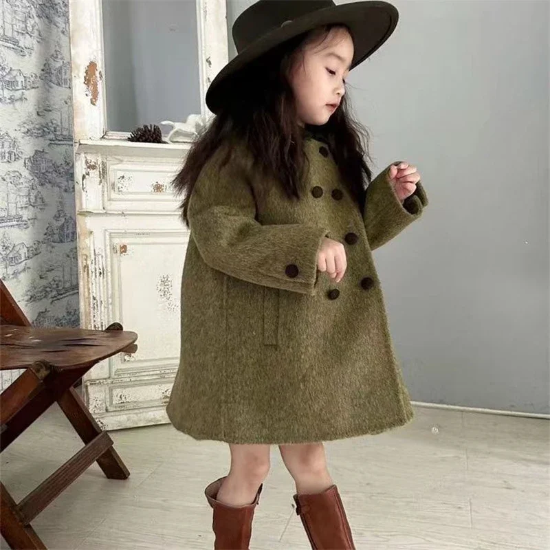 Girls Woolen Coat Jacket Windbreak 2024 In Stock Warm Thicken Winter Cotton Overcoat Plus Size Children's Clothing