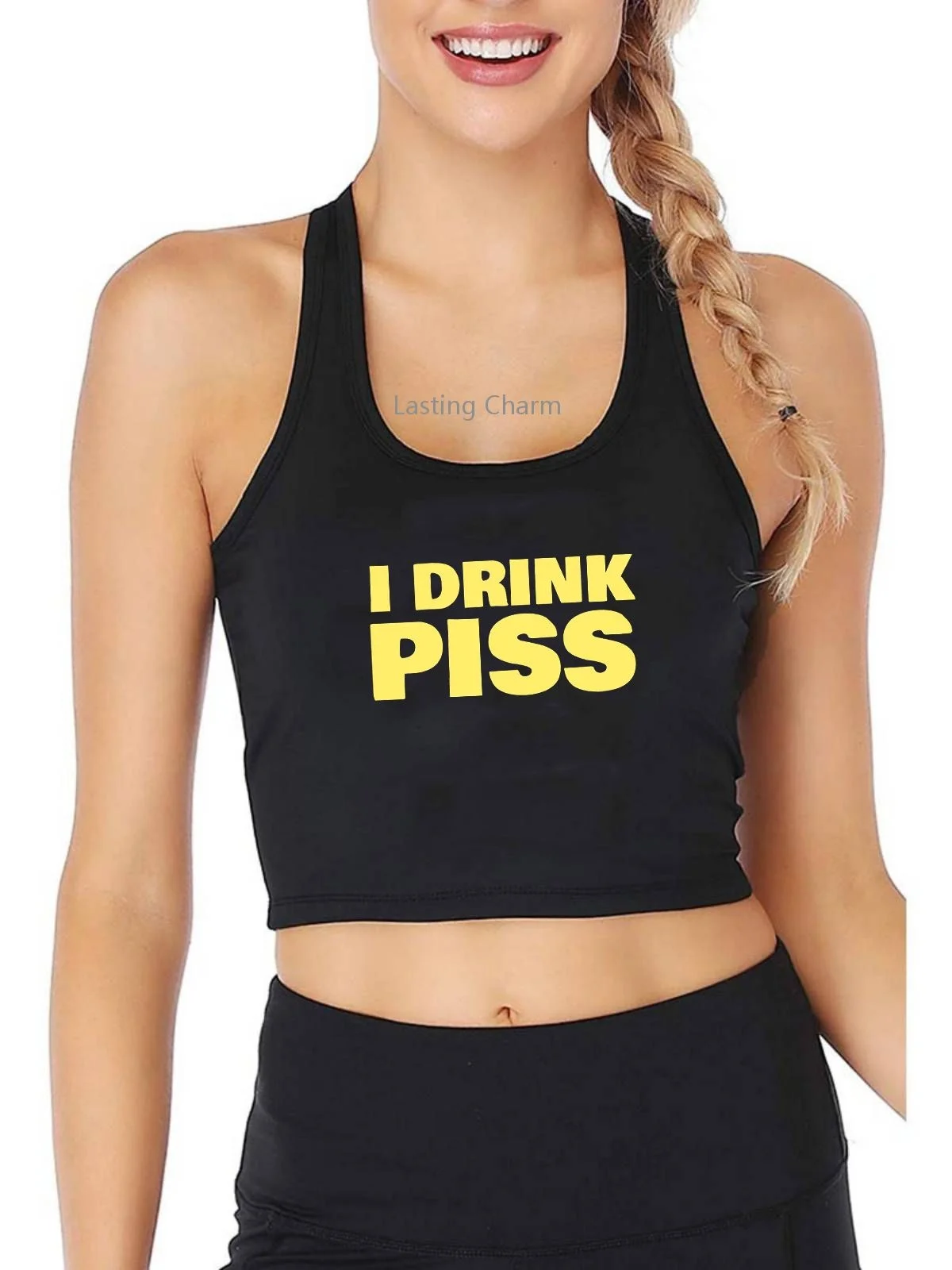 I Drink Piss Print Breathable Slim Fit Tank Top Women's Vintage Anti-Wrinkle Comical Graphic Sports Crop Tops