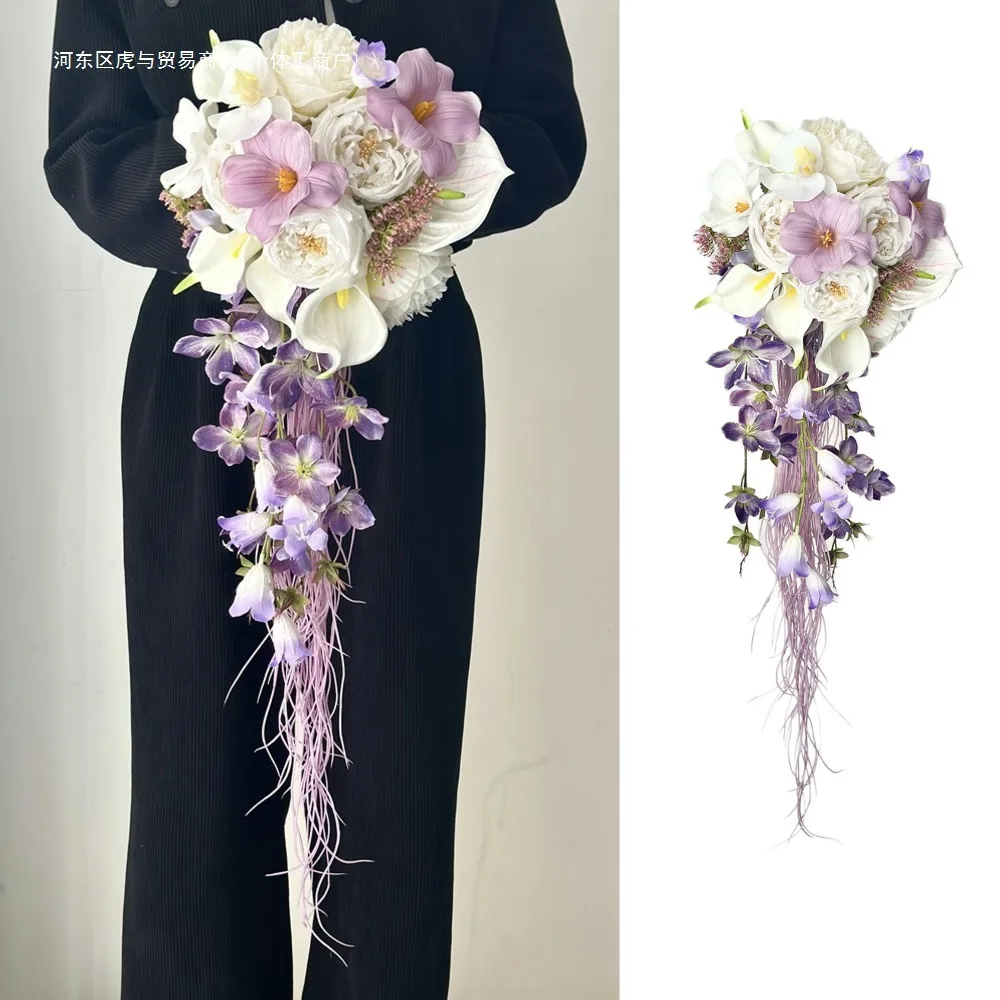 

Premium purple waterfall simulation flower wedding bride water drop hand bouquet wedding photographer hand bouquet certificate