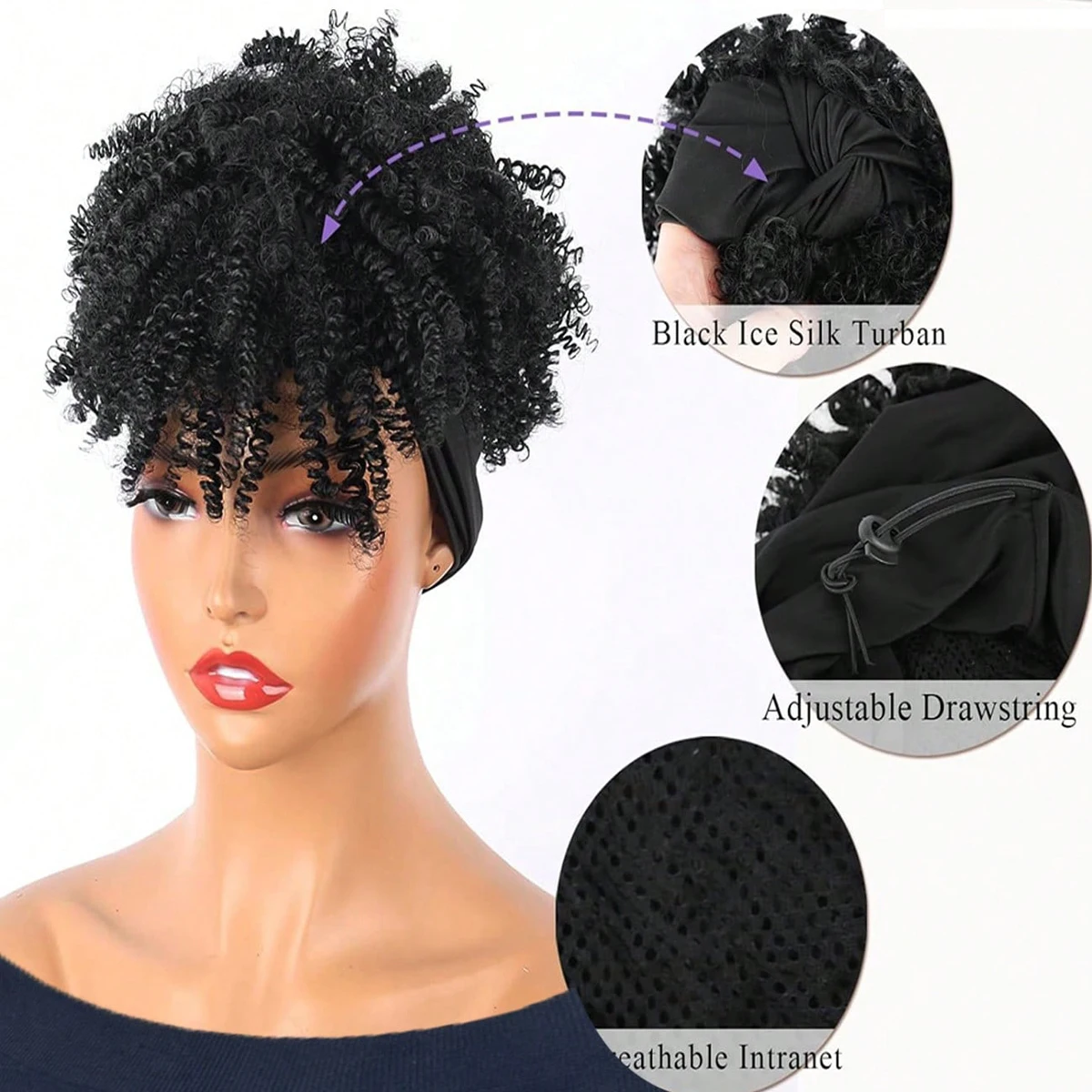عقال الباروكات الاصطناعية قصيرة الأفرو غريب مجعد الباروكات شعر مستعار بني داكن مع الانفجارات التفاف الباروكات 2 في 1 شعر مستعار عمامة #2