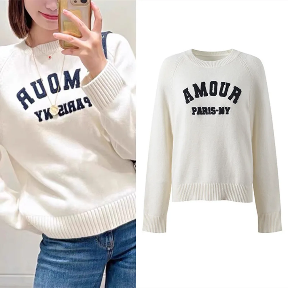 

Элитная версия: женский вязаный топ в европейском стиле с белой надписью, длинными рукавами и круглым вырезом, комфортный, средней плотности