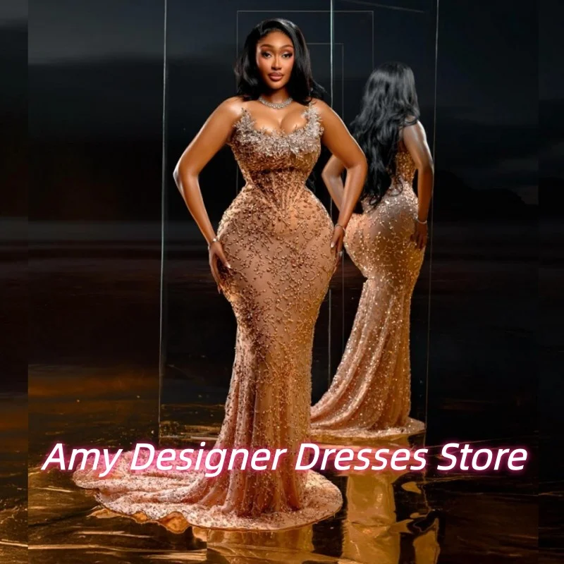 Anmutiges Perlenapplikations-Abendkleid für afrikanische Frauen, lange Hochzeits-Party-Kleider, Vestido De Festa, individuelle Ballkleider