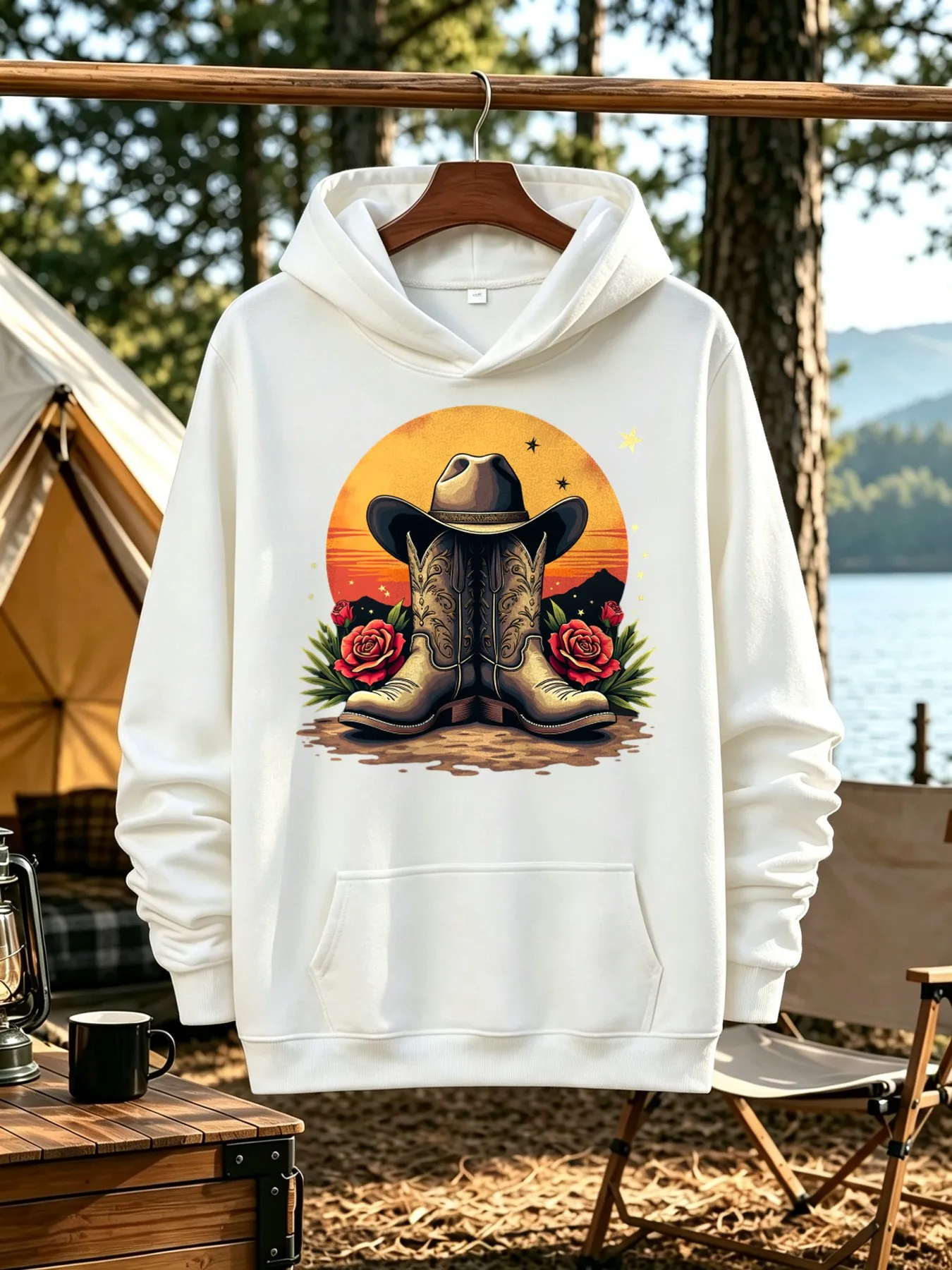Men's Hoodie, Daily Outdoor Activities, Western Cowboy Boots, Hat, Rose Pattern Retro Style, Regular Version Top, Suitable for Autumn and Winter Leisure Outings, Rural Theme Activities