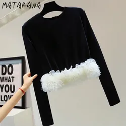 Matakawa Ruffles Velvet T Shirt for Women Elegant Korean Fashion Vintage Sweet Ropa De Mujer Patchwork Autumn Winter Chic Tees