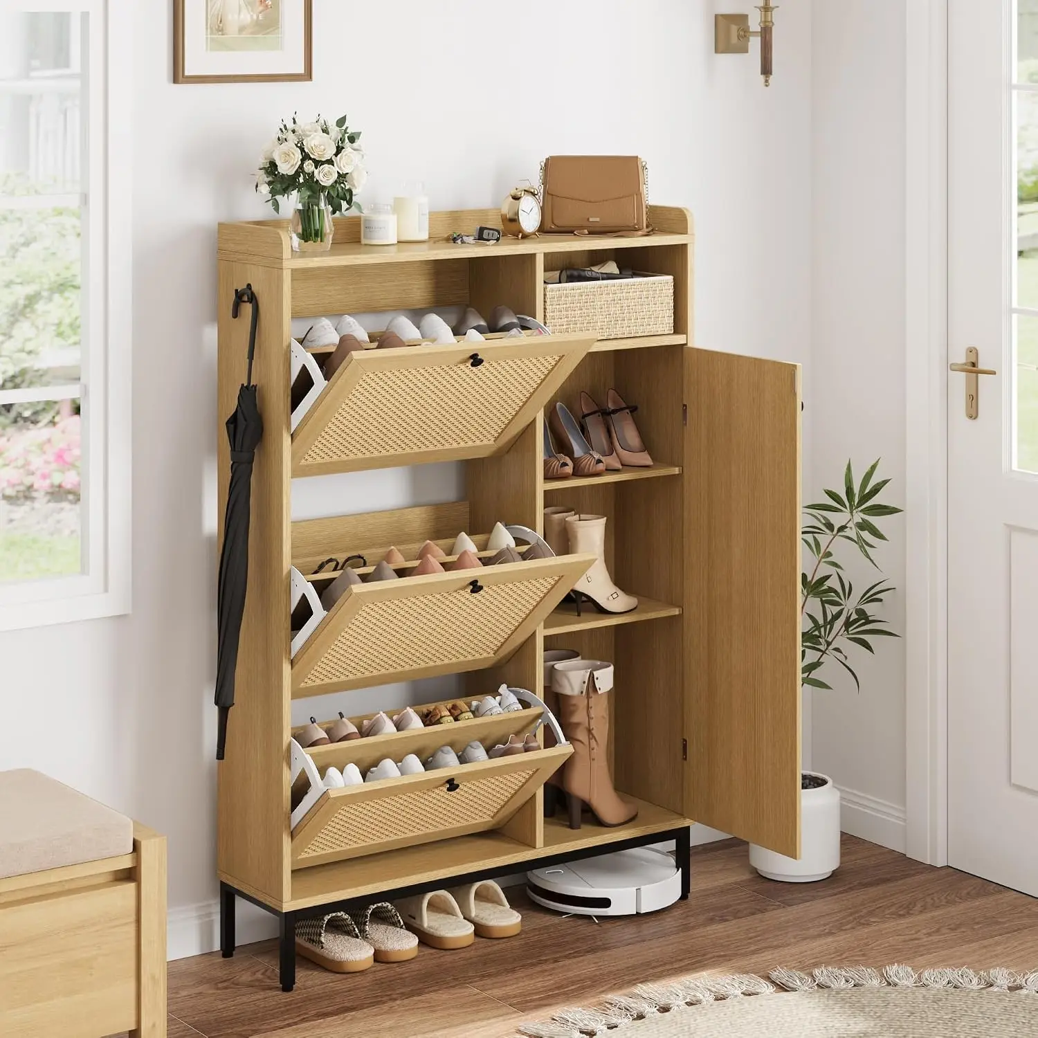 Garvee Wooden Modern Shoe Cabinet Organizer with 3 Flip Drawers & Rattan Doors Entrance Hall Living Room Luxury Shoe Shelf Designer Zapatero Shoemakers Furniture