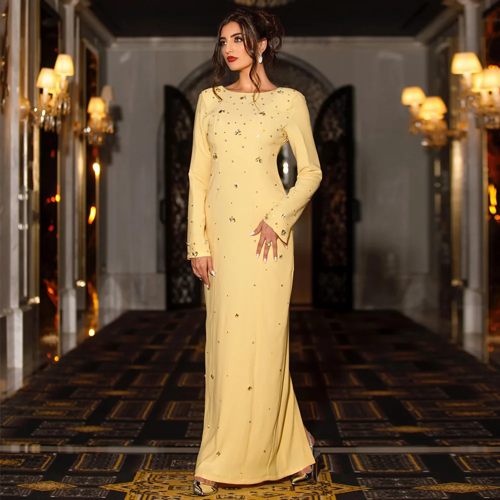 Yellow Evening Dress Saudi Party Gown Round Neck Long Sleeves Back Slit Crystal Stones Straight Prom Dresses for Dancing