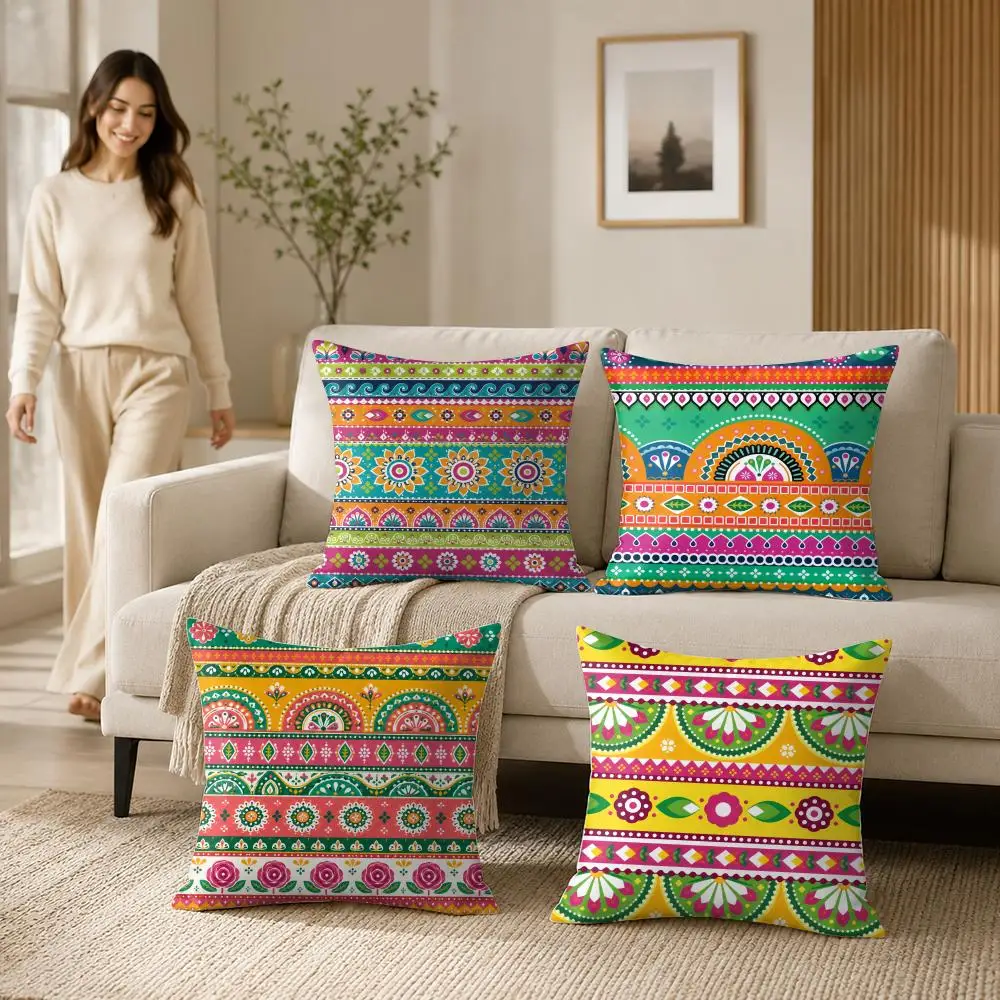 Ethnic-style Colorful Pattern Cushion Cover Soft Short Plush Pillow Case Double Sided Print Washable Sofa Home Decor Gift